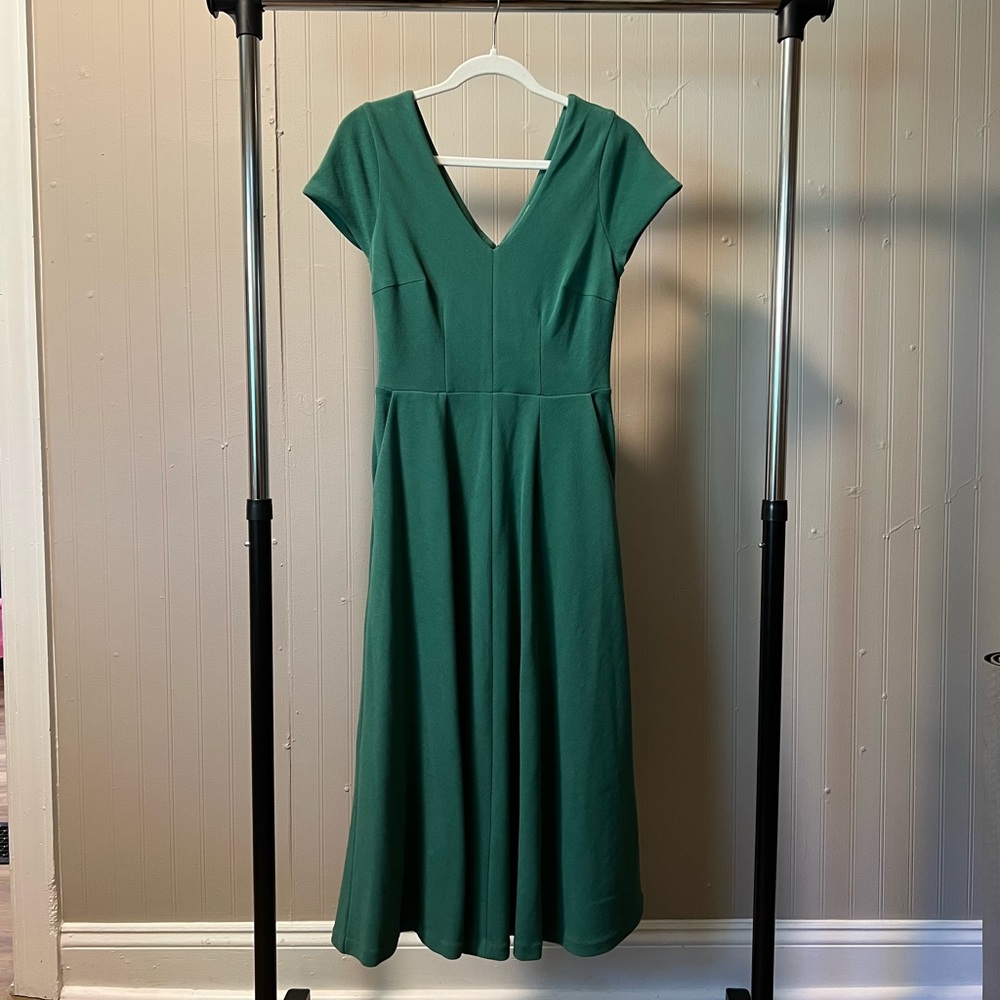 Boden Cotton Belle V-Neck Ottoman Fit & Flare Midi Dress Size 2 - Green/Sage